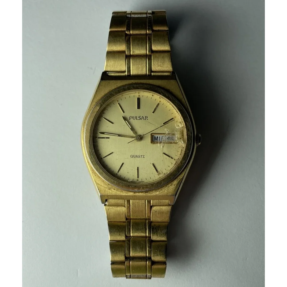 Cracked Crystal Vintage Pulsar Men‎ Y143-X003 Gold Tone Quartz Analog Watch